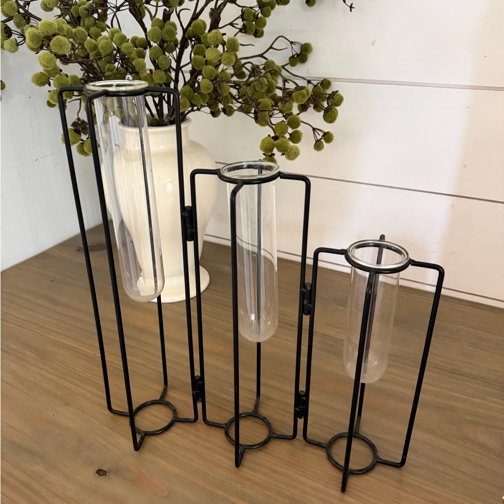 Weissman Black Metal Glass Tube Vase Trio